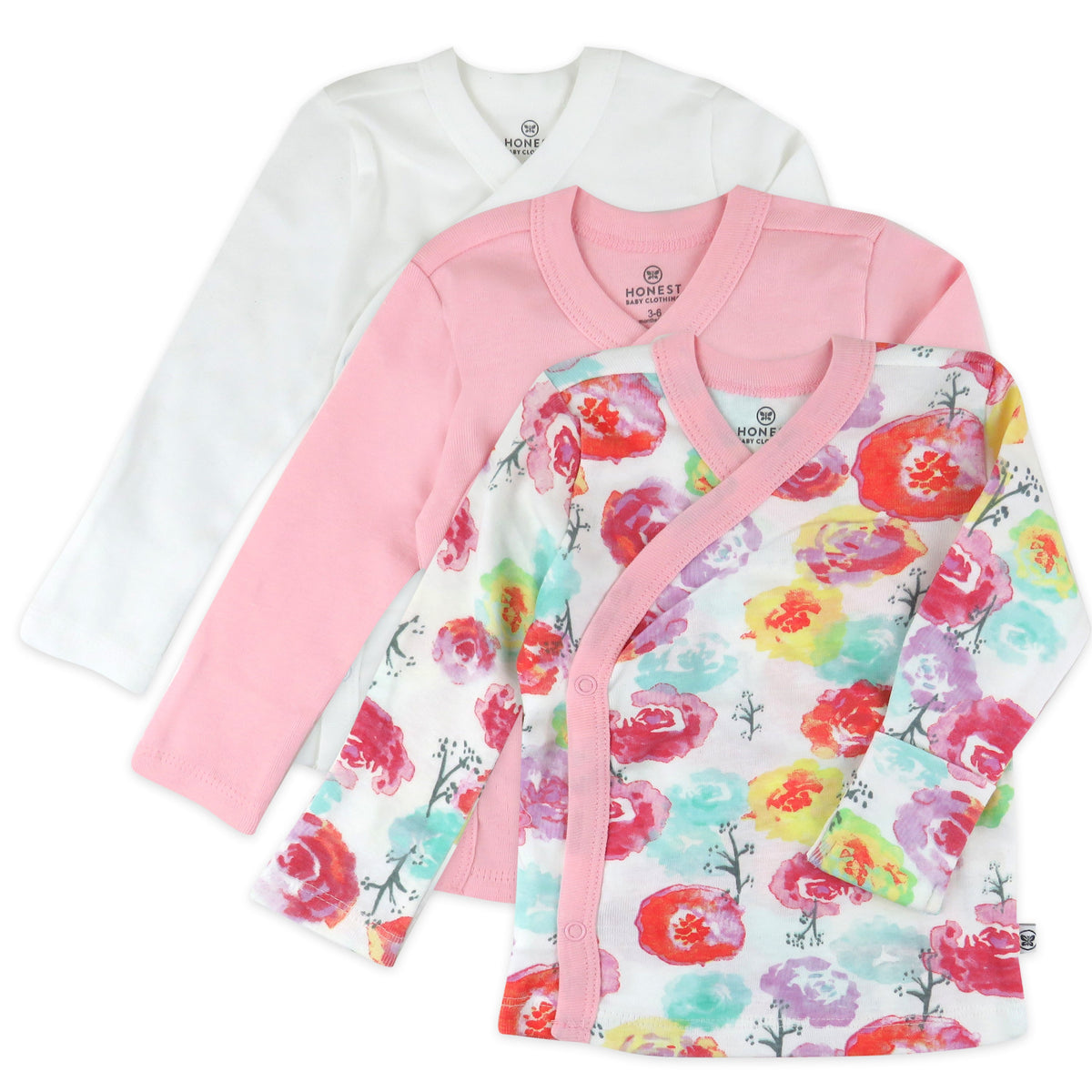 3-Pack Organic Cotton Long Sleeve Side-Snap Kimono Tops